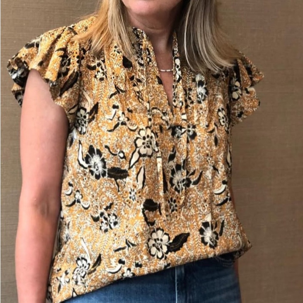 Ulla Johnson Mustard Yellow Black Floral Ruffle Sleeve Blouse